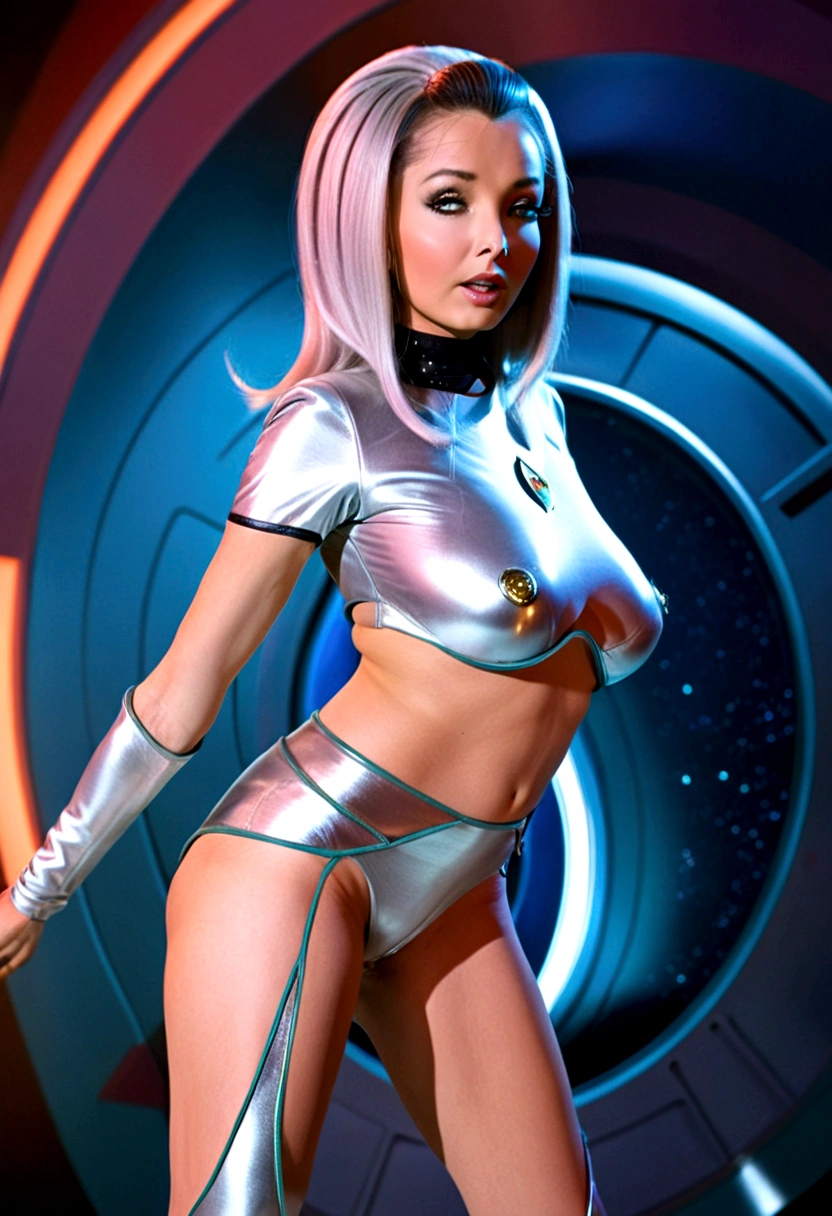 a female alien, human-looking but with metallic hair, wearing a sexy but SFW outfit, performing a seductive sultry dance for Captain Kirk, 1960s style Star Trek, high quality, highly detailed, cinematic lighting, dramatic pose, dynamic motion blur, vibrant colors, sci-fi, photorealistic