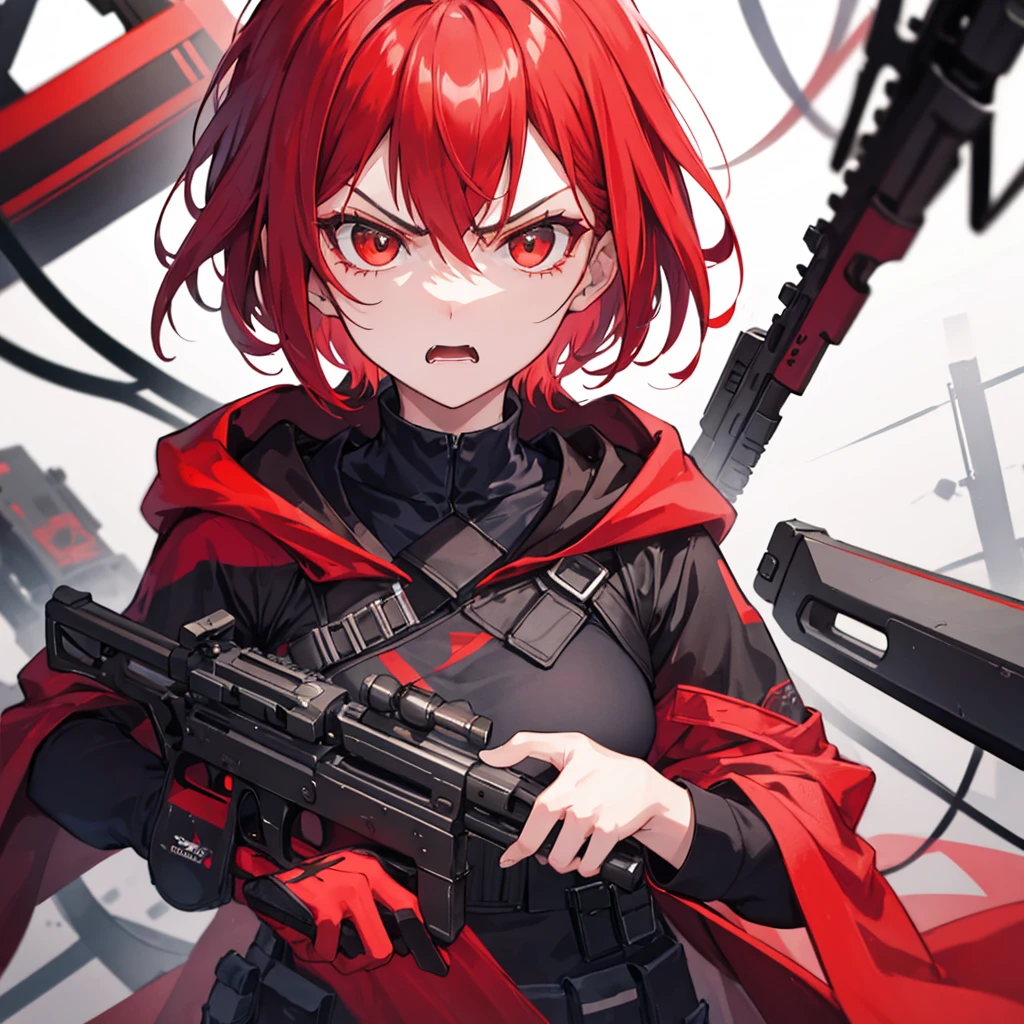 close-up of a girl with a machine gun in her hands , tactical clothes , Cloak , short hair , angry face . Without background , looking into the camera . Red colors