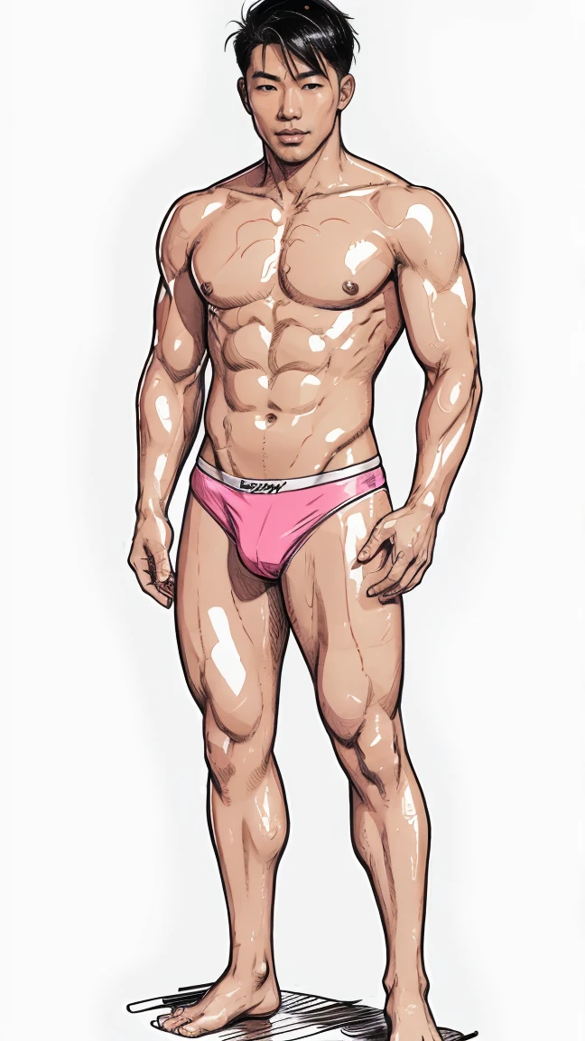 Handsome Asian Men, half-naked only wear pink pastle bikini underwear, his show off his soaked wet body, full body portait head to feet, he really showing off his full body from head to feet, only white background no additional elements, only white background just like character design, his doing a erotic pose, comic artstyle 2D, Full body portait of Men with no crop.