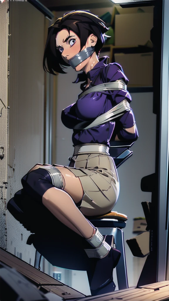 (masterpiece, best quality, highres)
Highest quality, masterpiece, high resolution, 8k, cinematic lighting, sharp resolution, medium shot, various angles, comic panel of 1 woman with chin length hair, short hair, dark bob cut, thick hair, center part, stacked bob, voluminous hair, luxurious hair, in her 30s, purple blouse, knee length, skirt, dark stockings, and calf boots, baggy blouse, wrinkled clothing, detailed face, looking at viewer, focus on face, photo realistic, character, video game cut scene, smooth, anime, detailed face, perfect skin, beautiful, Insanely detailed, close up, taped mouth, ((tape gag): 1.4), gag, ((gagged)), (((arms bound behind back))), elbows taped, wrists taped, desperate struggle, thrashing, arched back, chair tied, tied to chair, chair tied, in an abandoned storage unit decaying walls, frightened, pleading eyes, desperate escape attempt, stalker, , true crime, peril, impending