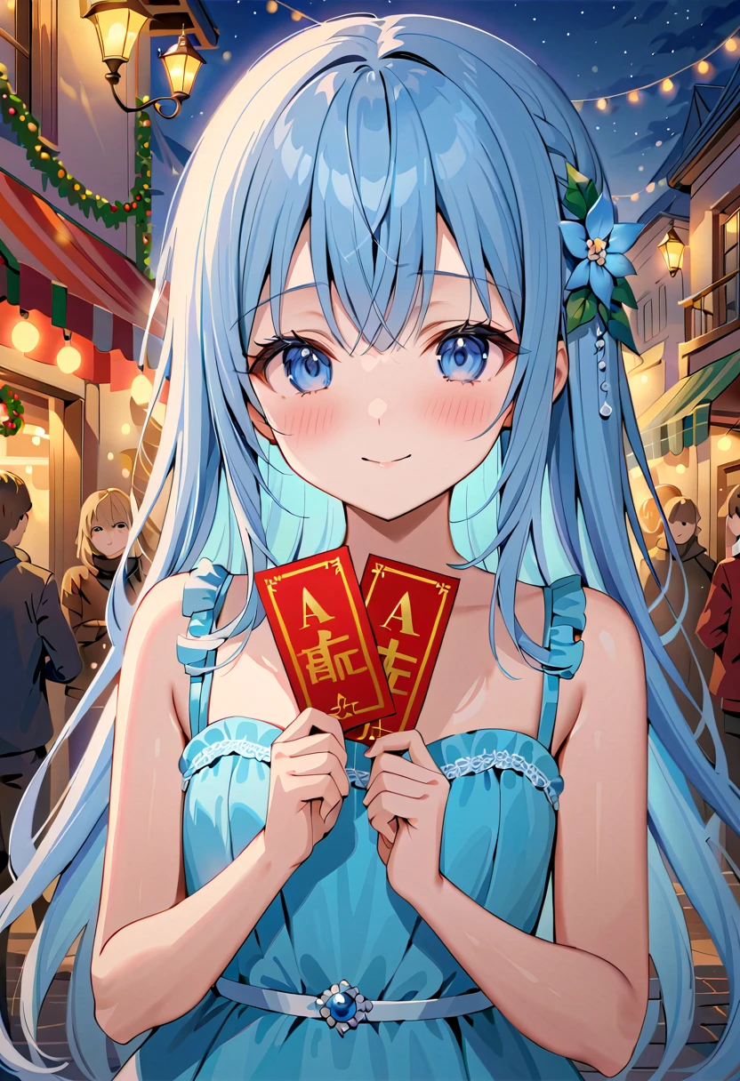 masterpiece, best quality, extremely detailed, (illustration, official art:1.1), 1 girl ,(((( light blue long hair)))), ,(((( light blue long hair)))),light blue hair, , long hair ((blush)) , cute face, big eyes, masterpiece, best quality,(((((a very delicate and beautiful girl))))),Amazing,beautiful detailed eyes,blunt bangs((((little delicate girl)))),tareme(true beautiful:1.2), sense of depth,dynamic angle,,,, affectionate smile, (true beautiful:1.2),,(tiny 1girl model:1.2),)(flat chest),1lady solo, (holding an elegant ticket (in front of face:1.2)), (stylish outfit), (nose blush) light smile (embarrassed:1.2) shy, (masterpiece best quality:1.2) delicate illustration ultra-detailed, (main street outdoors), Christmas illumination, crowded