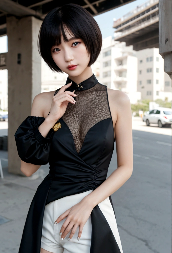 You are a professional photographer。 , short hair blown by the wind. She has a faint smile , Street fashion、Bold Valley、hot pants、Perfect Eyes, Perfect hands, Perfect body, Perfect Hair, Accurate身体, masterpiece, Accurate, Anatomically correct, Very detailed, Advanced Details, high quality, 最high quality, High resolution, 16K, 8K, Looking into the camera,Bold dresses、Thighs,