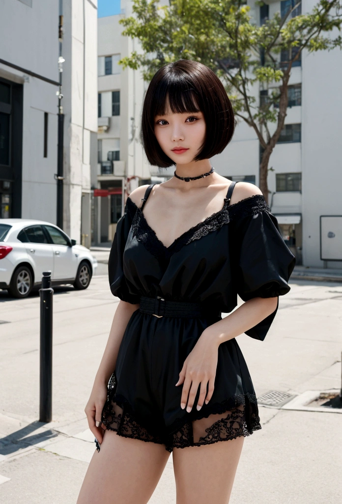 You are a professional photographer。 , short hair blown by the wind. She has a faint smile , Street fashion、Bold Valley、hot pants、Perfect Eyes, Perfect hands, Perfect body, Perfect Hair, Accurate身体, masterpiece, Accurate, Anatomically correct, Very detailed, Advanced Details, high quality, 最high quality, High resolution, 16K, 8K, Looking into the camera,Bold dresses、Thighs,