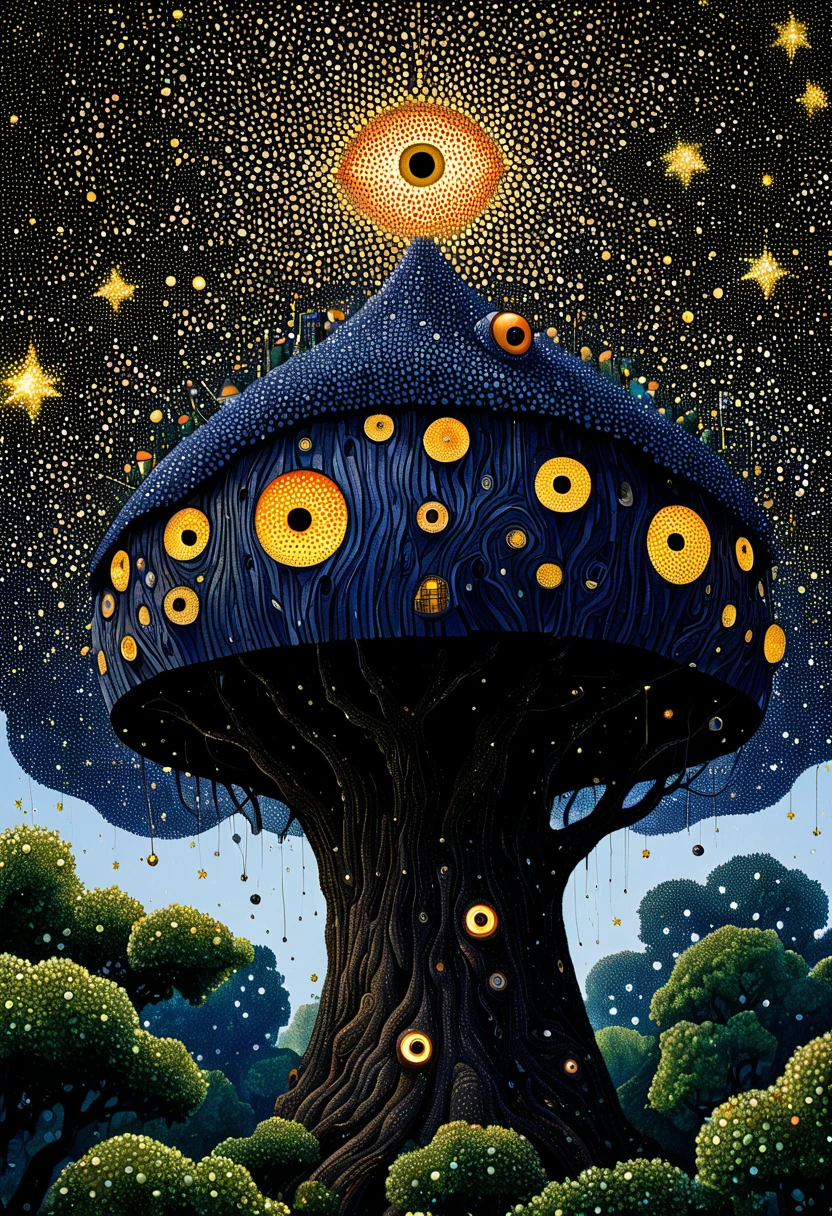 Georges Seurat:Strange illustration,Pointillism method,Trypophobia,Building on tree tops,Eye,unrealistic,Strong visual impact,black background,Star