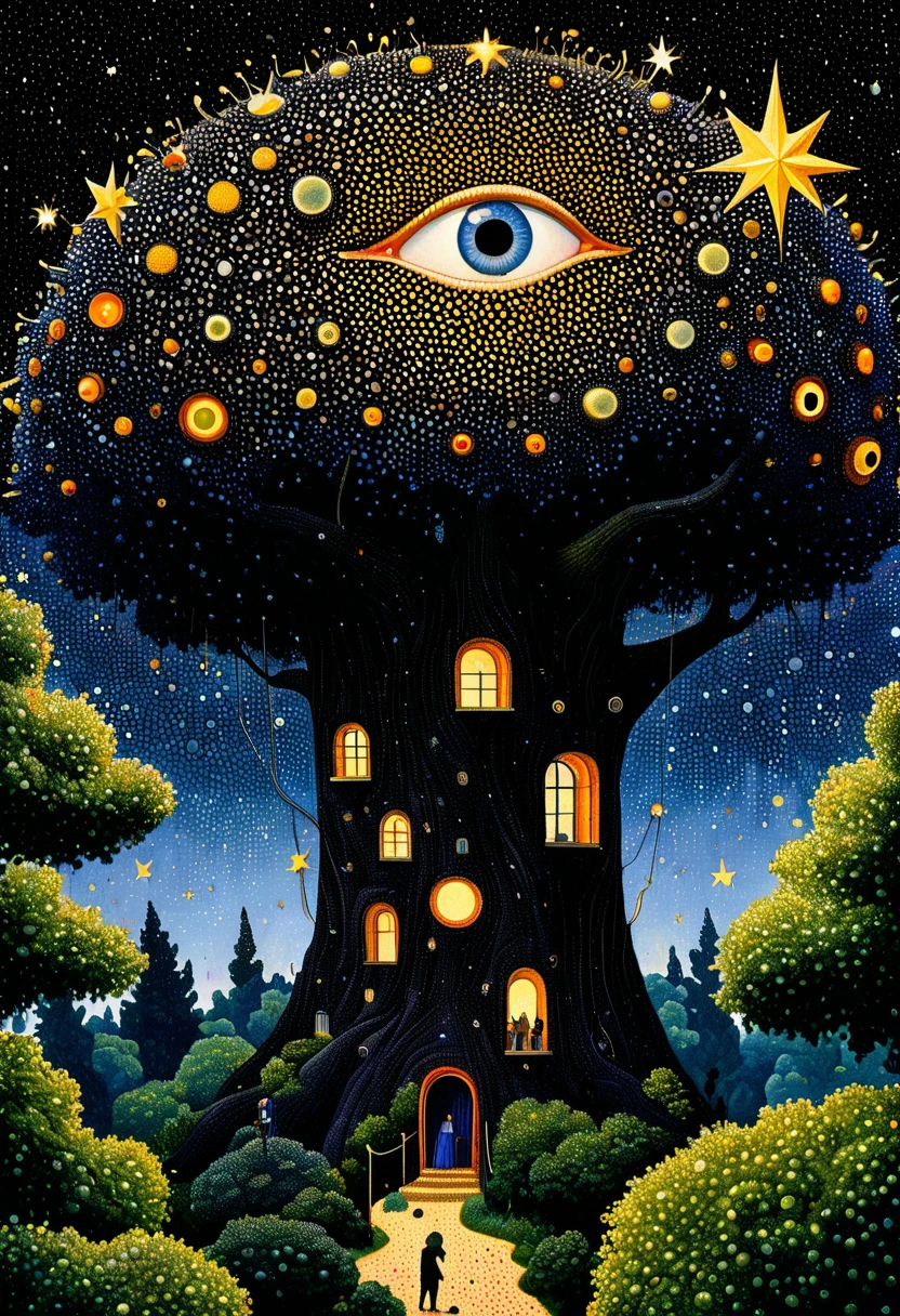 Georges Seurat:Strange illustration,Pointillism method,Trypophobia,Building on tree tops,Eye,unrealistic,Strong visual impact,black background,Star