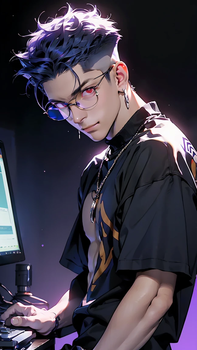 highest quality, 8K, high resolution image, anime style Jujutsu Kaisen, (Gilgamesh/Fate), detailed strokes, bored look, blurry, purple light reflecting from it, (close angle), 1 man, young, male, model, cooler Guy, multicolored background with different geometric shapes, around stickers, muscular, red eyes, dark blue hair, hairstyle, hairstyle: undercut, short hair, blue hair, puffy chest, he is wearing a cool shirt and black sweatpants, hand in pants pocket, golden link chain, glasses, background: room, recording studio,
