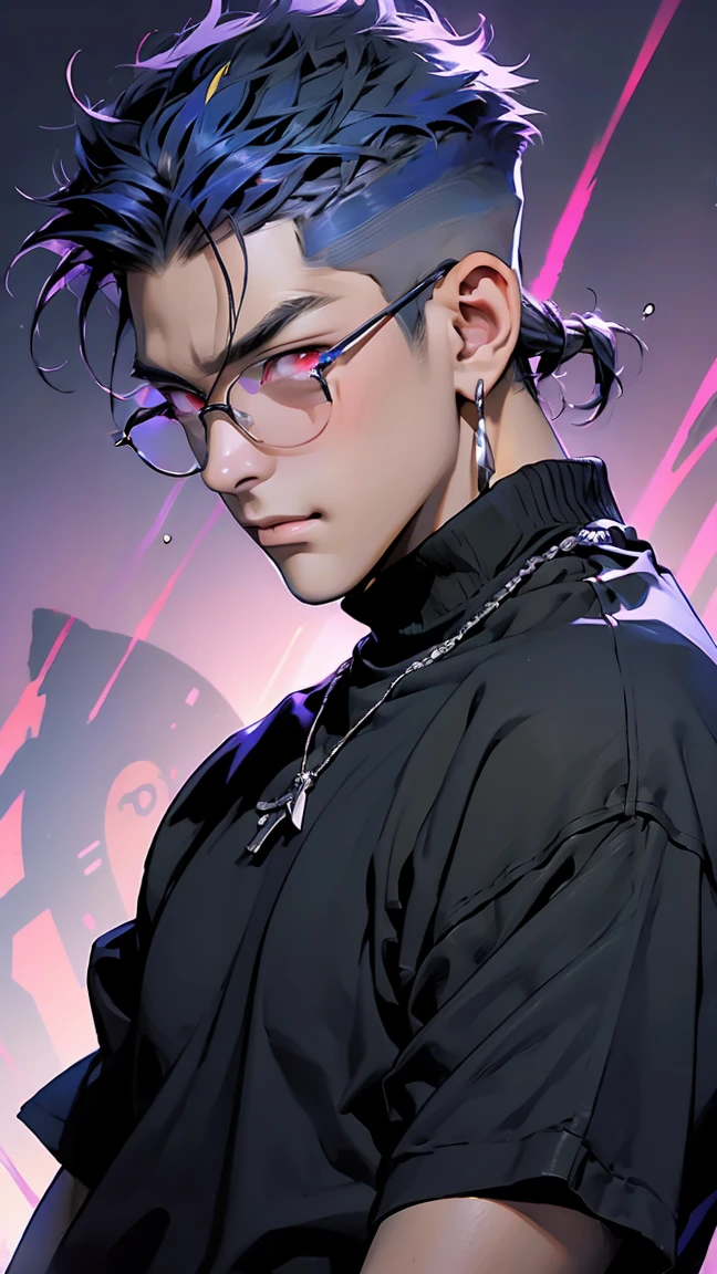 highest quality, 8K, high resolution image, anime style Jujutsu Kaisen, (Gilgamesh/Fate), detailed strokes, bored look, blurry, purple light reflecting from it, (close angle), 1 man, young, male, model, cooler Guy, multicolored background with different geometric shapes, around stickers, muscular, red eyes, dark blue hair, hairstyle, hairstyle: undercut, short hair, blue hair, puffy chest, he is wearing a cool shirt and black sweatpants, hand in pants pocket, golden link chain, glasses, background: room, recording studio,