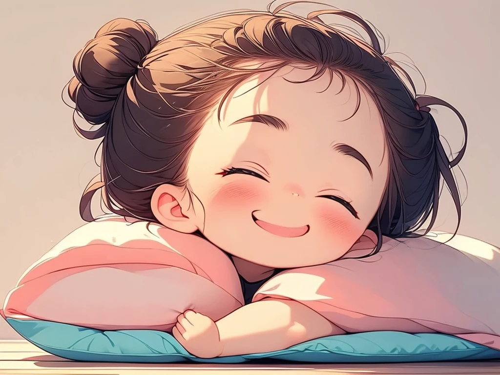 a  is hugging a pillow pillow on a floor with her hand on it, 1girl, solo, one eye closed, smile, pillow, hair bun, white background, looking at viewer, blush, simple background