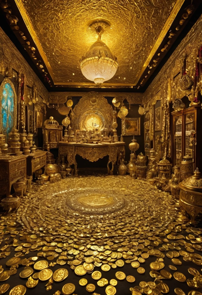 Image of a treasure room , room full of differnt types of golden items ornaments and valueable items , tons of diamonds and emralds are on the floor , mountains of gold coins , a big fringe on the cealing , golden fringe , light form the fringe scatring every where , bight light , ancient old room scenery