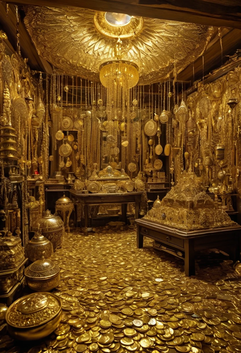 Image of a treasure room , room full of differnt types of golden items ornaments and valueable items , tons of diamonds and emralds are on the floor , mountains of gold coins , a big fringe on the cealing , golden fringe , light form the fringe scatring every where , bight light , ancient old room scenery