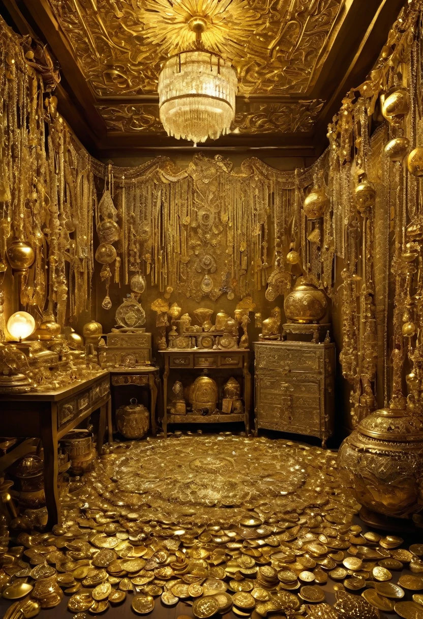 Image of a treasure room , room full of differnt types of golden items ornaments and valueable items , tons of diamonds and emralds are on the floor , mountains of gold coins , a big fringe on the cealing , golden fringe , light form the fringe scatring every where , bight light , ancient old room scenery