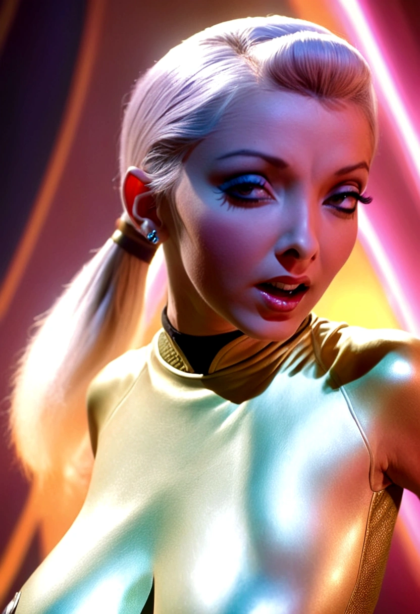 a female alien, human-looking but with metallic hair, wearing a sexy but SFW outfit, performing a seductive sultry dance for Captain Kirk, 1960s style Star Trek, high quality, highly detailed, cinematic lighting, dramatic pose, dynamic motion blur, vibrant colors, sci-fi, photorealistic