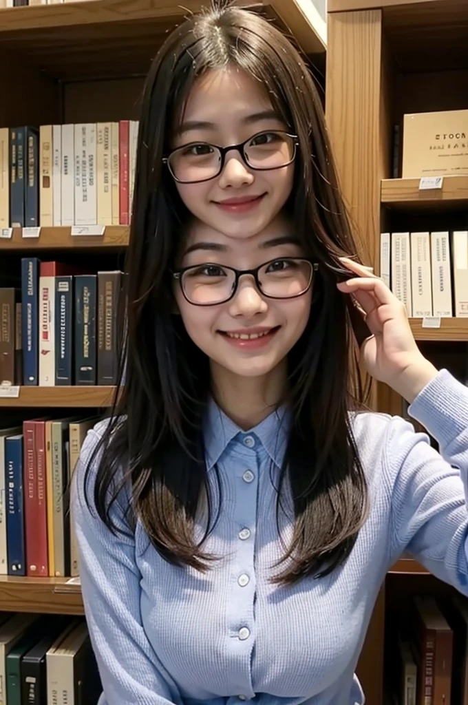 Library、Library Committee Member、Glasses Girl、、Big Breasts、Natural smile、Feeling embarrassed、Deep valley