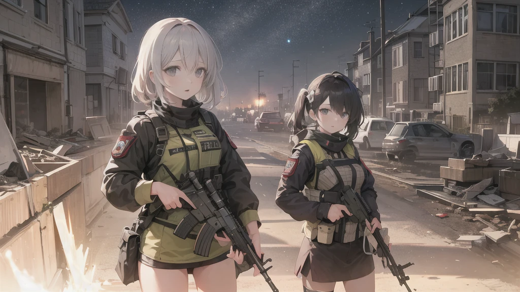 (最high quality, high quality:1.3), One girl, woman_alone, (hair over upone eye), short_hair, bluponde-hair, ((Tactical Headset)), ((Grey Eyes)), ((Tactical Vest)), Holding_weapupon, Holding, Holding_gun, Holding_rifle, rifle, assault_rifle, 目refer toす, refer to_upon_trigger, gun, Disruptor_&_Koch, mp5, street, Destroyed building, Damaged building, (night), (nighttime)