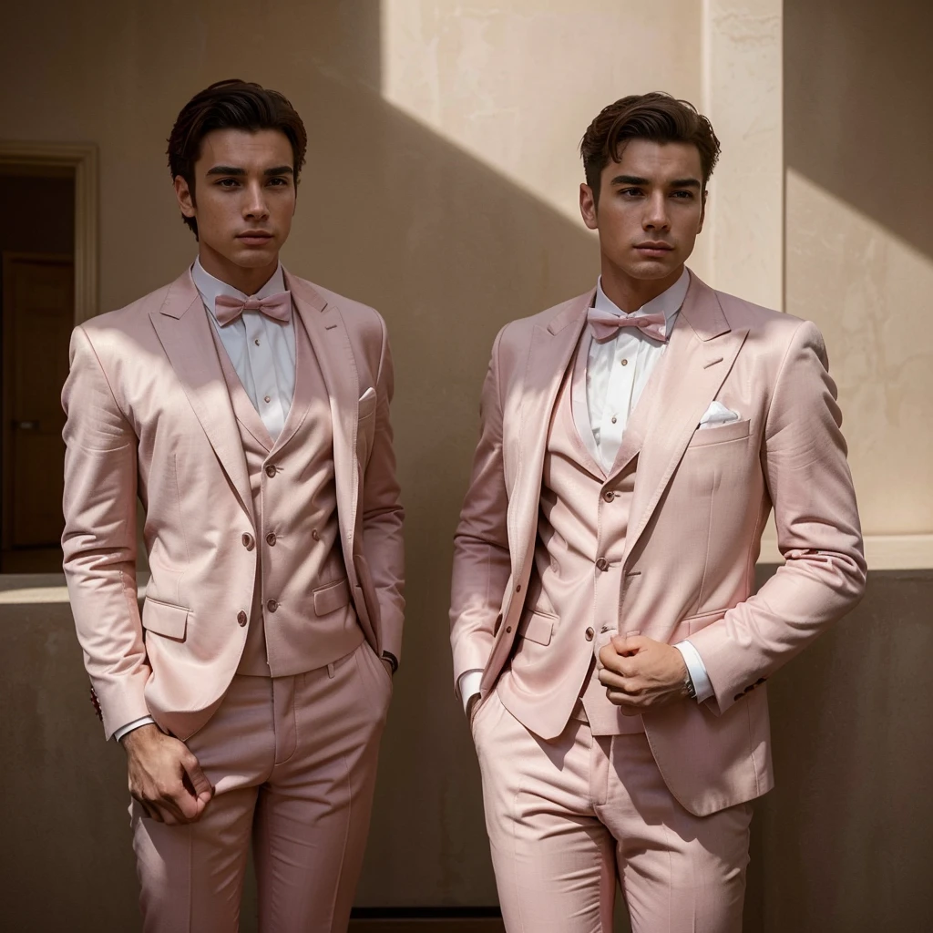 Two 24- year-old men , with a masculine appearance, wearing a dust pink suit. The scene depicts a masterpiece of art, showcasing the men professional and wealthy lifestyle. The image is of the best quality, with ultra-detailed features. Daylight , The color tone is rich and vibrant ,masterpiece, ultra realistic, detailed face, detailed fingers. 