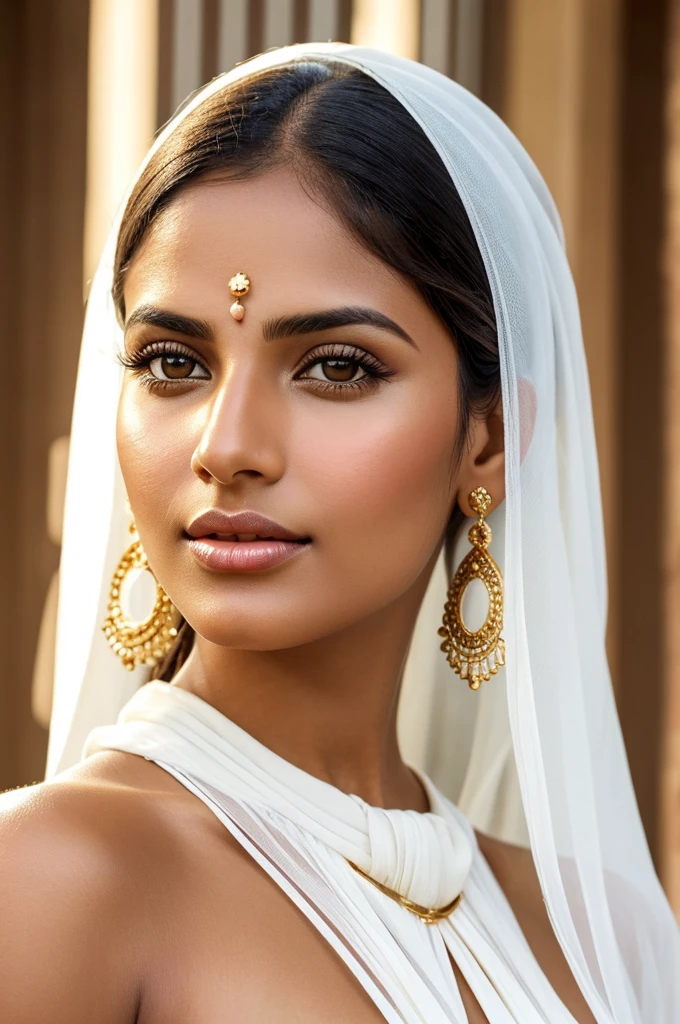 a close-up photo of a beautiful woman in a white blouse and golden earrings, beautiful Latin face, dark skin. Light makeup, Indian girl with olive skin, flawless olive skin. Extremely beautiful face, beautiful face and perfect skin. Perfectly illuminated face, attractive female face!!! style raw.