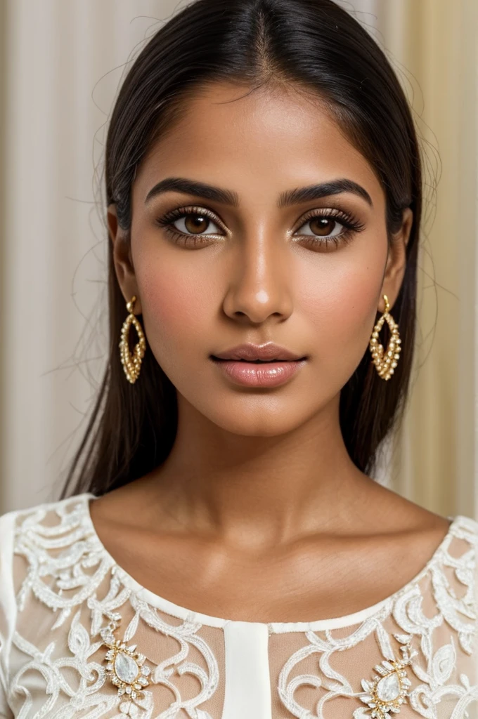 a close-up photo of a beautiful woman in a white blouse and golden earrings, beautiful Latin face, dark skin. Light makeup, Indian girl with olive skin, flawless olive skin. Extremely beautiful face, beautiful face and perfect skin. Perfectly illuminated face, attractive female face!!! style raw.