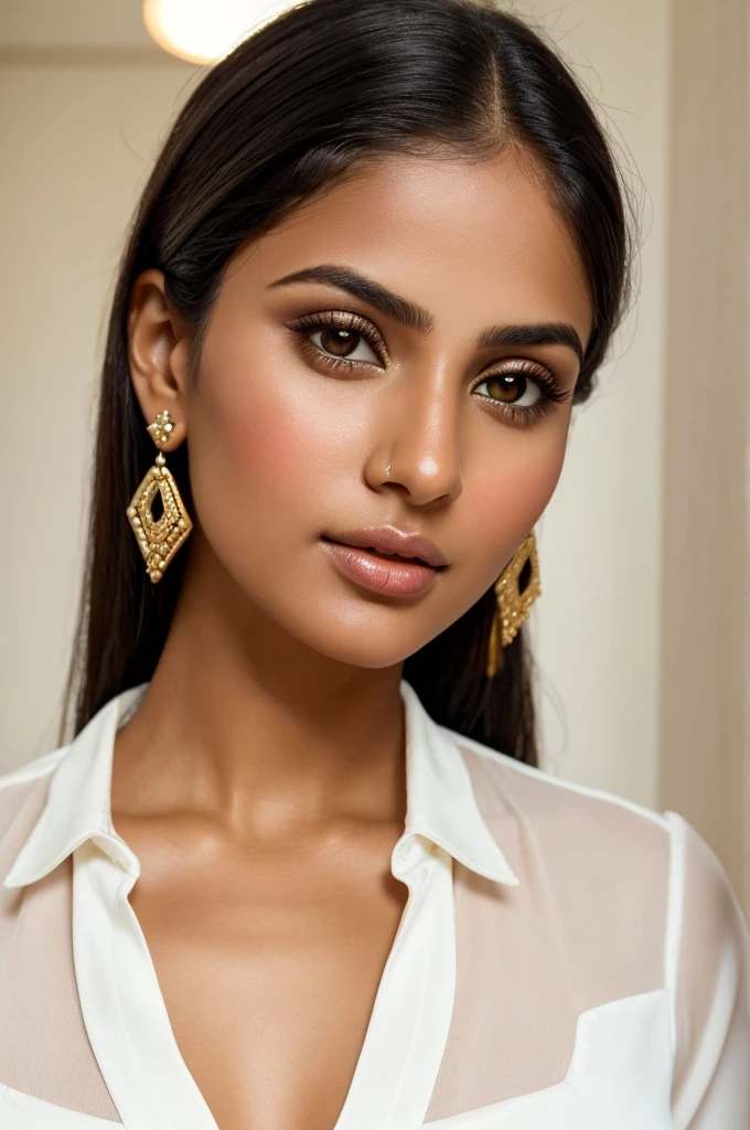 a close-up photo of a beautiful woman in a white blouse and golden earrings, beautiful Latin face, dark skin. Light makeup, Indian girl with olive skin, flawless olive skin. Extremely beautiful face, beautiful face and perfect skin. Perfectly illuminated face, attractive female face!!! style raw.