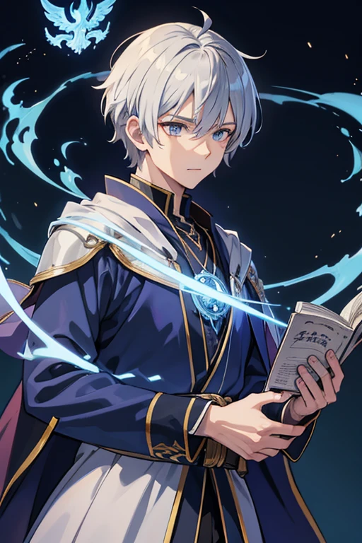 masterpiece, Highest quality, High resolution，Anime Style、Anatomically correct、Silver Hair、Short Hair、male、Wizard、Robe、magic、Blue flames fly around、With an ancient castle in the background、Upper body only