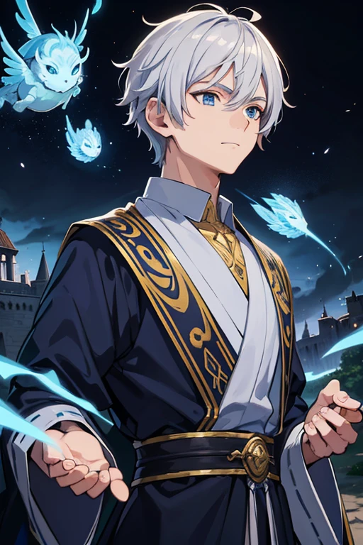 masterpiece, Highest quality, High resolution,Anime Style、Anatomically correct、Silver Hair、Short Hair、male、Wizard、Robe、magic、Blue flames fly around、With an ancient castle in the background、Upper body only