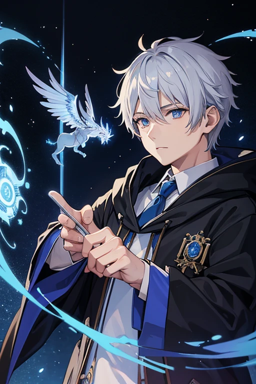 masterpiece, Highest quality, High resolution，Anime Style、Anatomically correct、Silver Hair、Short Hair、male、Wizard、Robe、magic、Blue flames fly around、With an ancient castle in the background、Upper body only