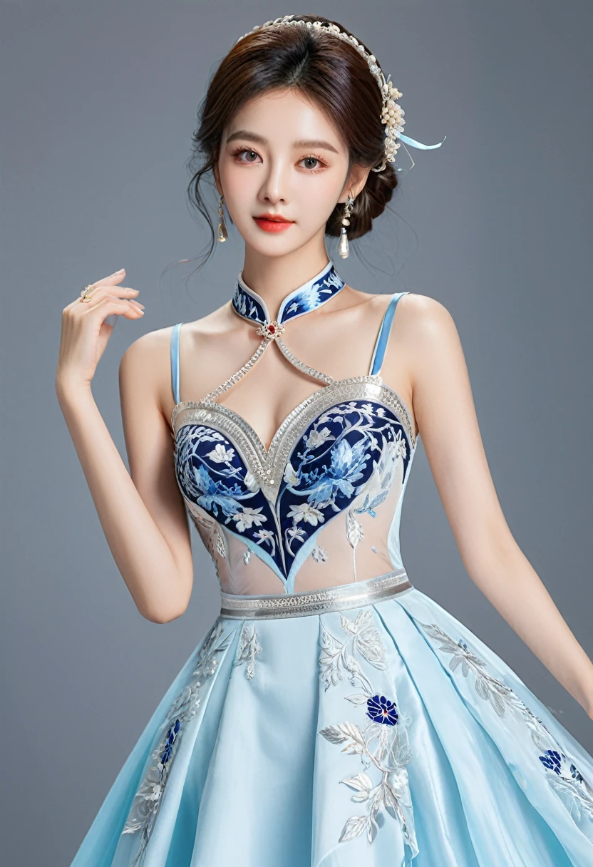 Realistic photo style, whole body 사진에 아름다운 아시아 소녀가 등장합니다., Wearing a unique ethnic style evening gown with delicate skin., bright and lively eyes, Thick eyelashes that look especially attractive. Long dresses are slim and elegant., Eye-catching silver jewelry and alcohol. The high-collar design adds an elegant atmosphere., Color of blue and white porcelain. using light and shadow, The vivid and harmonious appearance of the protagonist is highlighted... whole body, (masterpiece, best quality, professional, perfect composition, very aesthetic, absurd, very detailed, intricate details:1.3)
