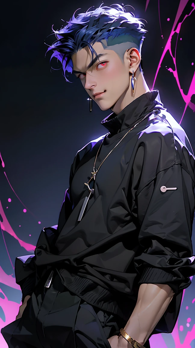 highest quality, 8K, high resolution image, anime style Jujutsu Kaisen, (Gilgamesh | Fate), detailed strokes, bored look, blurry, purple light reflecting from it, (close angle), 1 man, young, male, model, cooler Guy, multicolored background with different geometric shapes, around stickers, muscular, red eyes, dark blue hair, hairstyle, hairstyle: undercut, short hair, blue hair, puffy chest, he is wearing a cool shirt and black sweatpants, hand in pants pocket, golden link chain, background: room, recording studio,
