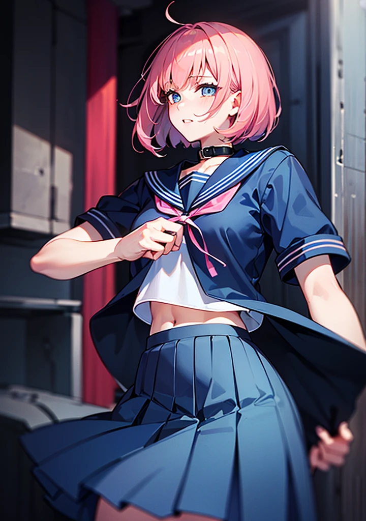(1 girl),(Best Picture Quality, 8K, Masterpiece:1.3), (high school student:1.5), ((pink lob hair:1.1)), (bob cut),(swept bangs), (cute eyes, pupil black, iris skyblue, youthful face), (mole under right eye), (standard weight), (small breasts), (glistening skin:1.1),(pale skin:1.2),((showing armpits)),((sleeveless shirt)),(Smile),(sweat),