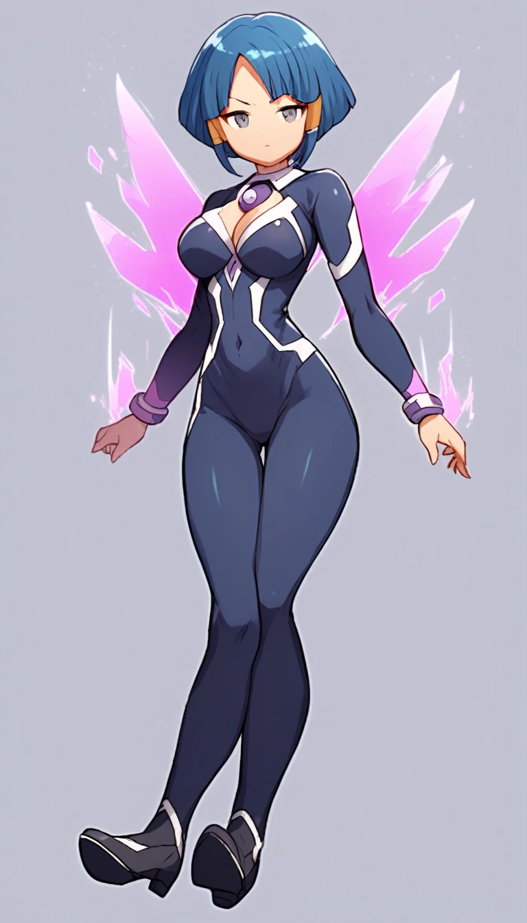 best quality,ultra detailed,solo,score_9, score_8_up, score_7_up, score_6_up, score_5_up, score_4_up, source_anime, 1girl, clara, blue hair, hair tubes, grey eyes, bodysuit,big breasts, standing sexy pose, (front view,portrait),full body,heavenly ass, heavenly breasts, big ass, no shoes, wearing black heels, upset, cute, face, long legs, tight bodysuit, tight sleeves, black bodysuit, half-closed eyes, backside, purple core, charging power, charging energy, dark energy, using power, using energy