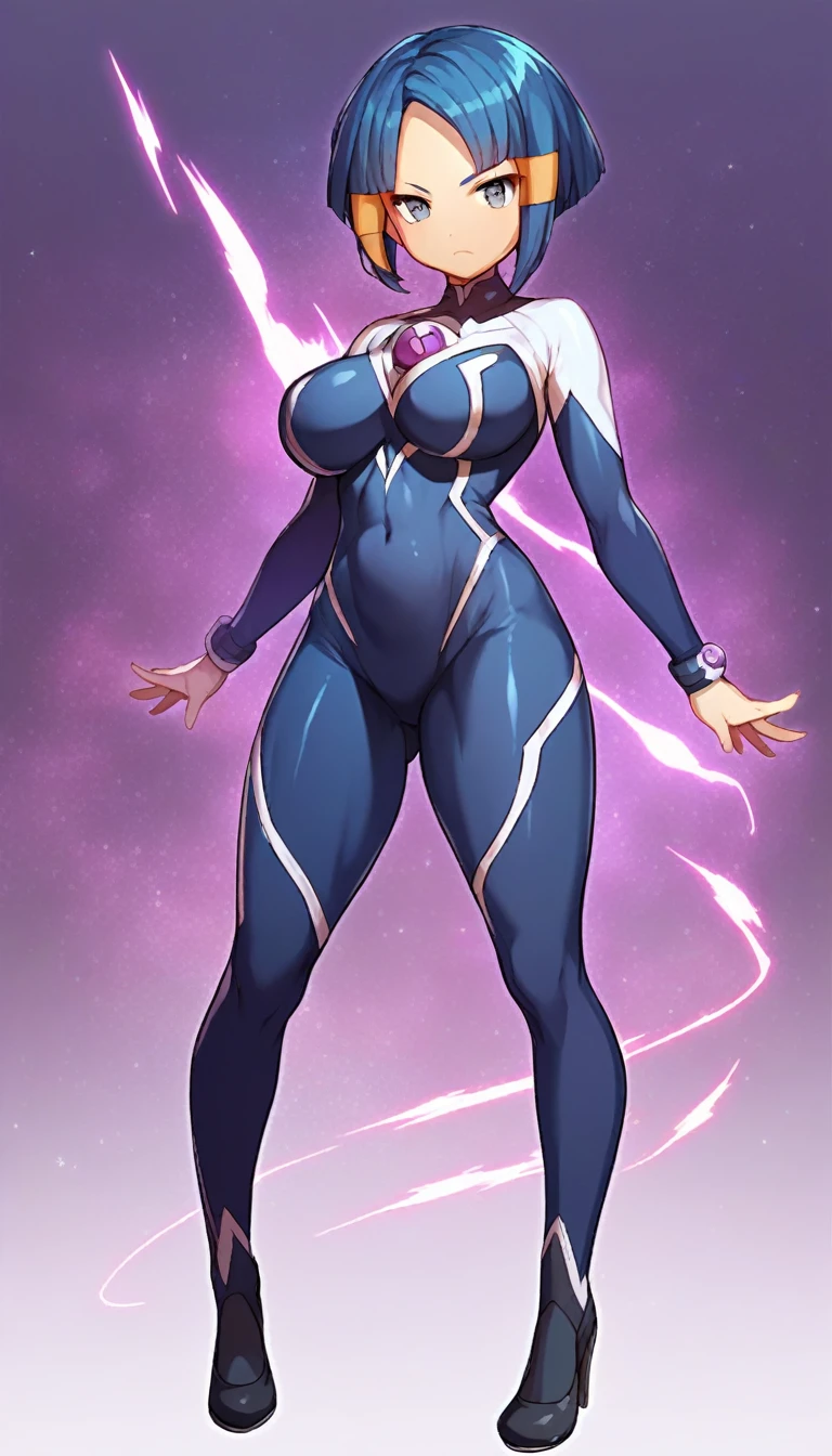 best quality,ultra detailed,solo,score_9, score_8_up, score_7_up, score_6_up, score_5_up, score_4_up, source_anime, 1girl, clara, blue hair, hair tubes, grey eyes, bodysuit,big breasts, standing sexy pose, (front view,portrait),full body,heavenly ass, heavenly breasts, big ass, no shoes, wearing black heels, upset, cute, face, long legs, tight bodysuit, tight sleeves, black bodysuit, half-closed eyes, backside, purple core, charging power, charging energy, dark energy, using power, using energy