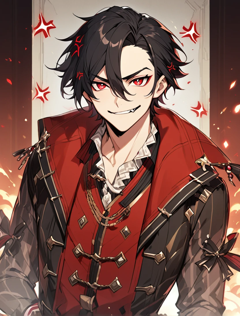 (Black_Hair), (red_ruby_eyes), (Handsome), (attractive), (male), (detailed_eyes), (detailed_hair), (clean_hair), (angry_smile), (vertical_pupils), (jawline), (wears_old_fashioned_outfit), (in_his_late_teens), (short_hair), (small_fangs) 