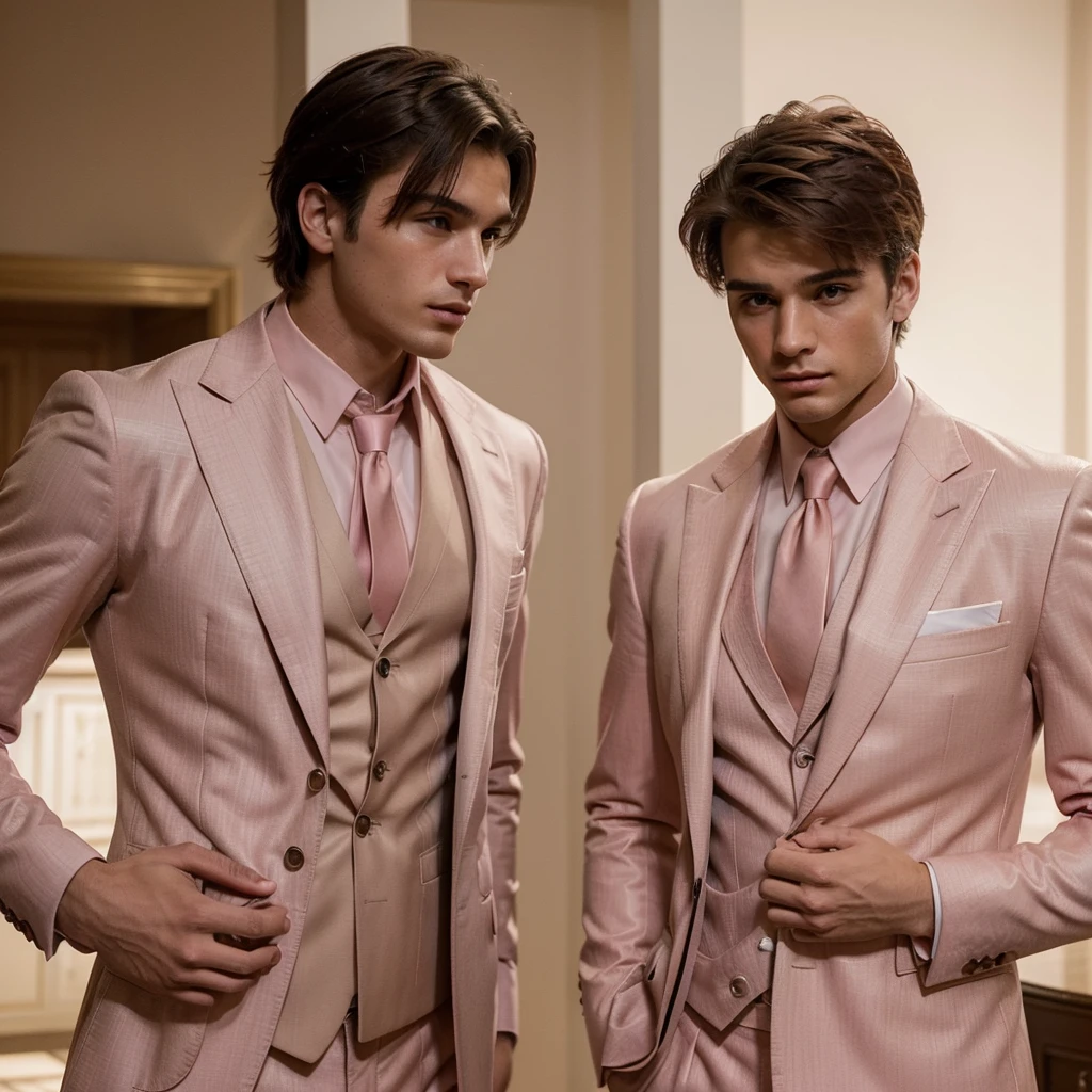 Two 24- year-old men , with a masculine appearance, wearing a dust pink suit. The scene depicts a masterpiece of art, showcasing the men professional and wealthy lifestyle. The image is of the best quality, with ultra-detailed features. Daylight , The color tone is rich and vibrant ,masterpiece, ultra realistic, detailed face, detailed fingers. 