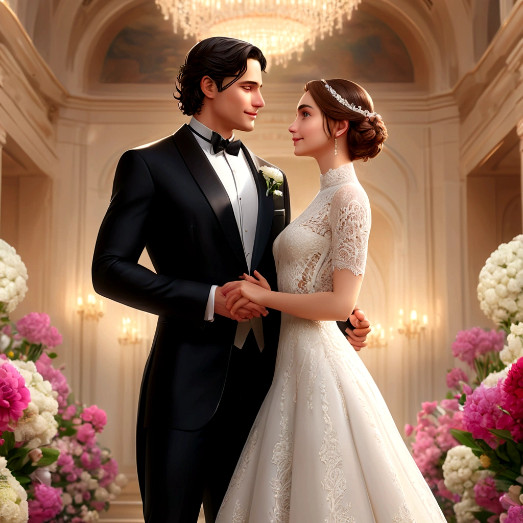 (ultra detailed, Best quality, A high resolution), whole body, dynamic angle,Smooth and dynamic,Cinematic,woman and man stand in the middle of a beautiful wedding venue, (masterpiece:1.4), An elaborate outfit, woman in long dress with lace details, man in tuxedo, custom made, their faces express joy and love, background decorated with bright flowers and romantic decorations, (A high resolution:1.4), The woman&#39;s shiny skin and the man&#39;s formal attire create a striking contrast.., atmosphere, filled with happiness and the promise of a lifetime of dedication. (BREAK) intimate moment, couple exchanges loving glances, Hands and arms carefully
