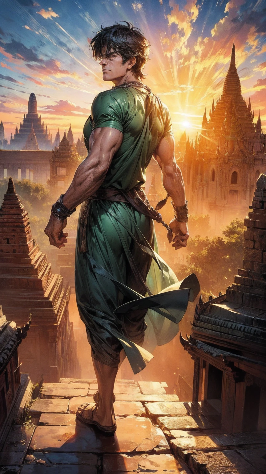 The Hulk walks in the ancient city of Bagan, Surrealism, Sunset, detailed, Temples in Bagan, Movie,