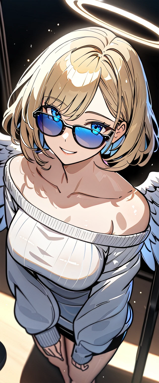 ((angel, big big white wings:1.3, halo:1.3)), ((from above)), (((sunglasses, hand to sunglasses))), (((cowboy shot))), archangel Uriel, ((wavy hair, inward curled hair)), evening, Sunset, ((blond hair, bob cut:1.3)), breasts, ager, (looking at viewer), oversized clothes, puffy long sleeves, ((off-shoulder sweater:1.3, Quite thick shoulder straps)), ((white sweater)), collarbone, head tilt:1.3, (((blue eyes))), ((happy smile)), (((anime style))), (best quality, 4K, 8K, highres, masterpiece:1.2, ultra-detailed, ultra-detailed eyes, HDR, uhd, studio lighting, ultra-fine painting, sharp focus, physically-based rendering, extreme detail description, professional, vivid colors, bokeh)