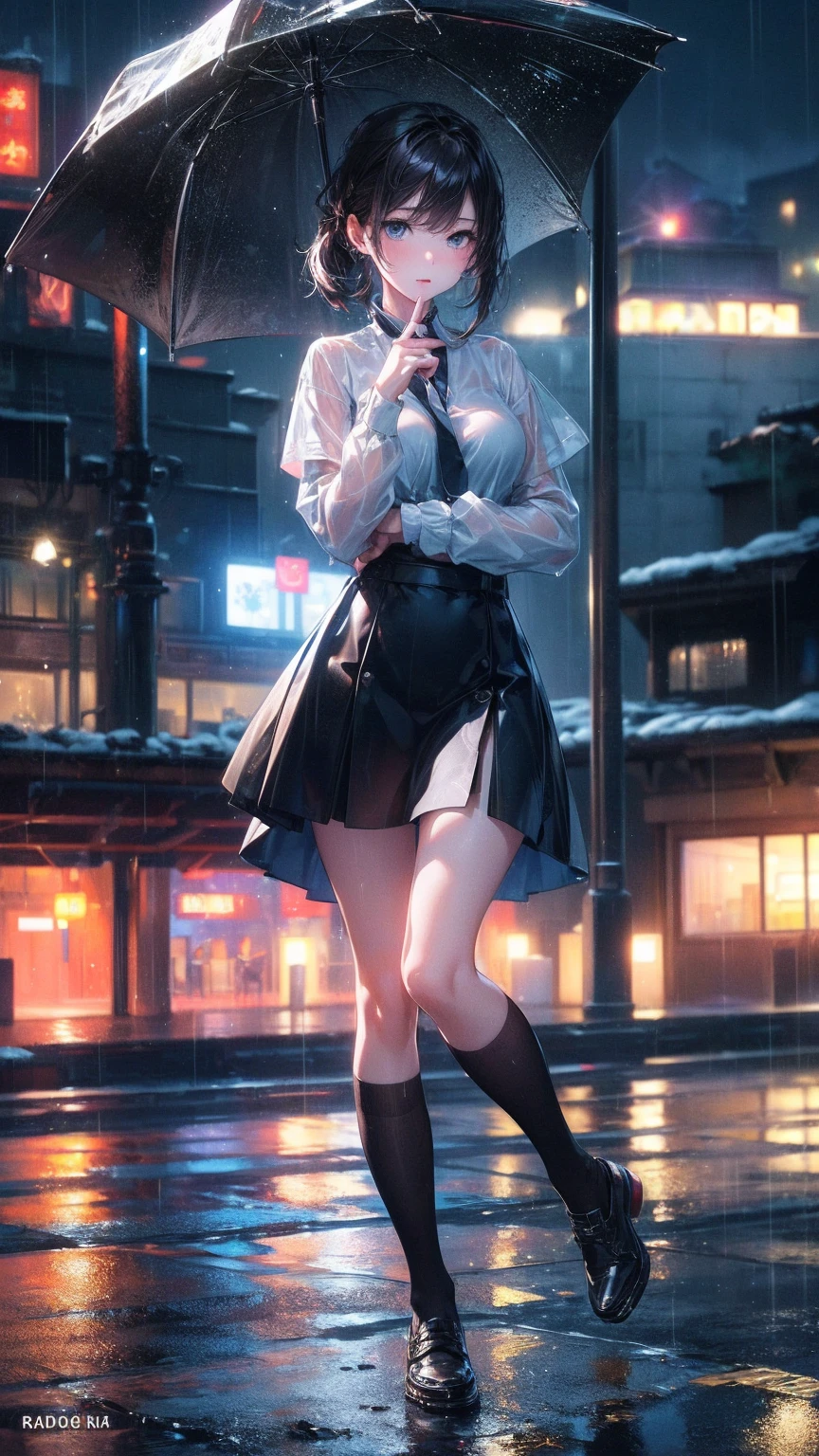 Mix 4,(8K, RAW photos, best quality, master:1.2), (Practical, photo-Practical:1.37),1 Girl,Lovely,city View,night,rain,wet,Professional lighting,Photon Mapping,Radiosity,Physically Based Rendering ,