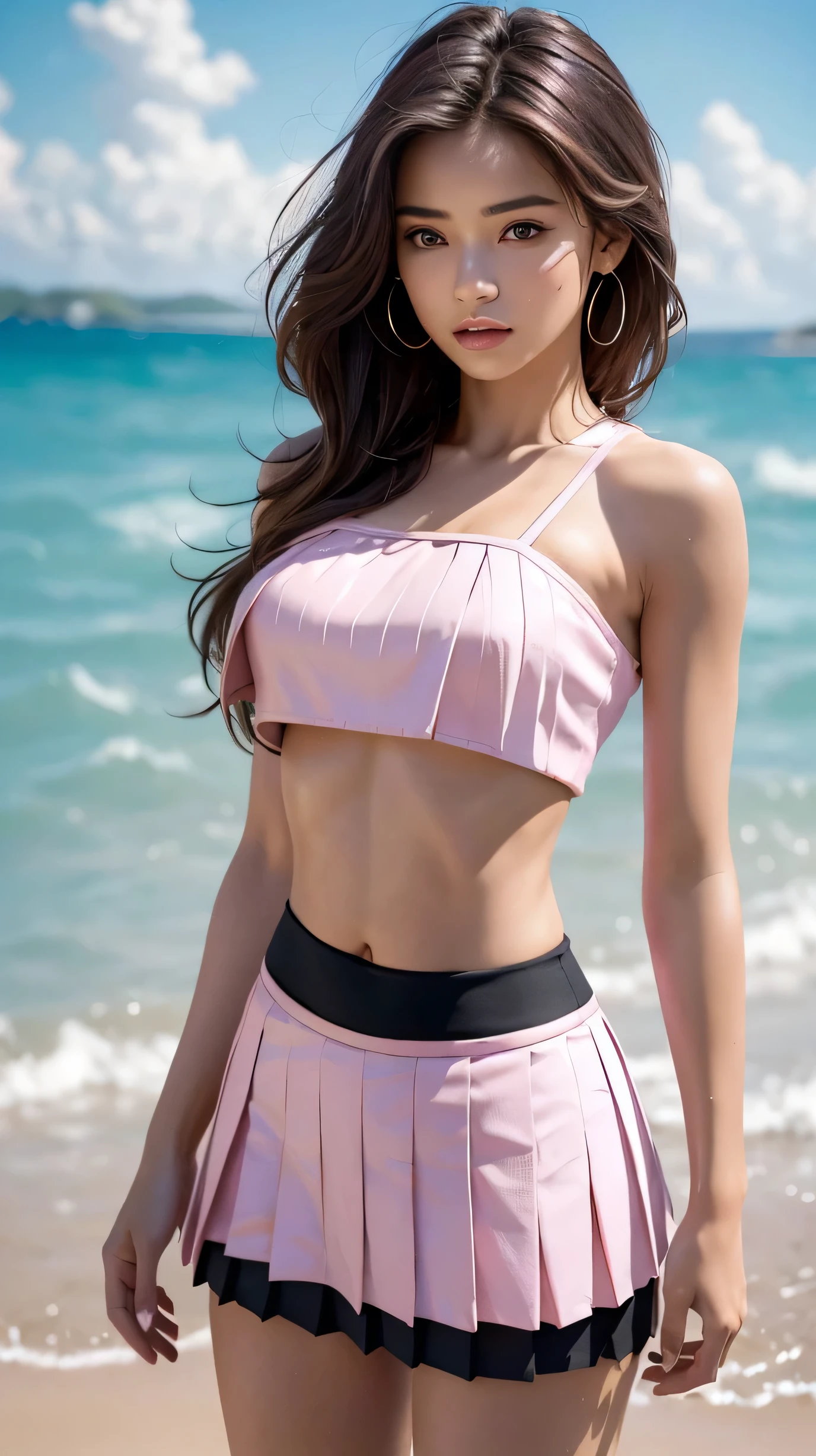(highest quality, 8K, Award-winning work, ultra high resolution), one beautiful woman, (pink crop top:1.5), (black Short pleated skirt:1.3), Exactly, straight brown hair, cleavage, Look at me, (medium breasts:1.1), (Most emphasize the body line:1.1), accurate anatomy, ultra high definition hair, Perfect and beautiful teeth in ultra high resolution, Ultra high definition beauty face, ultra high definition hair, ultra high-resolution beautiful skin, ultra high resolution, beach background
