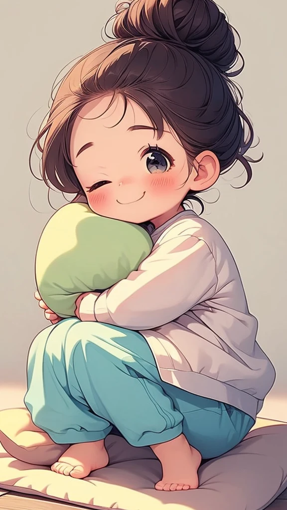 a little girl is hugging a pillow pillow on a floor with her hand on it, 1girl, solo, one eye closed, smile, pillow, hair bun, white background, looking at viewer, blush, simple background