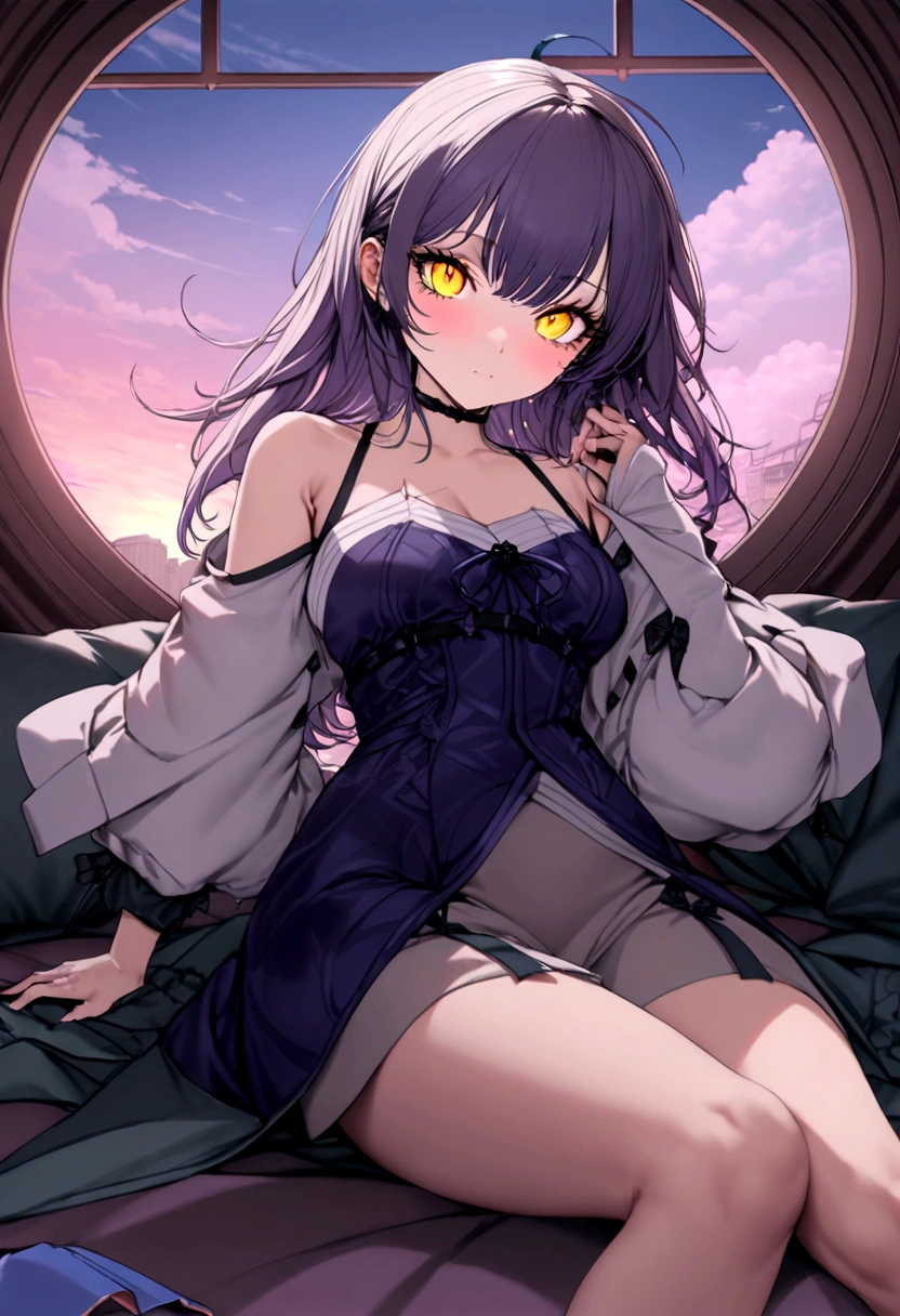 masterpiece,Ultra-realistic,32k,Highly detailed CG Unity 8k wallpaper, Highest quality, 1 Girl,20-year-old, whole body, Fallen, In the sky, (cloudy:1.1), Lofi Color, Neon color,Dynamic vibes,Yellow Eyes,Purple Hair,Sunset street,