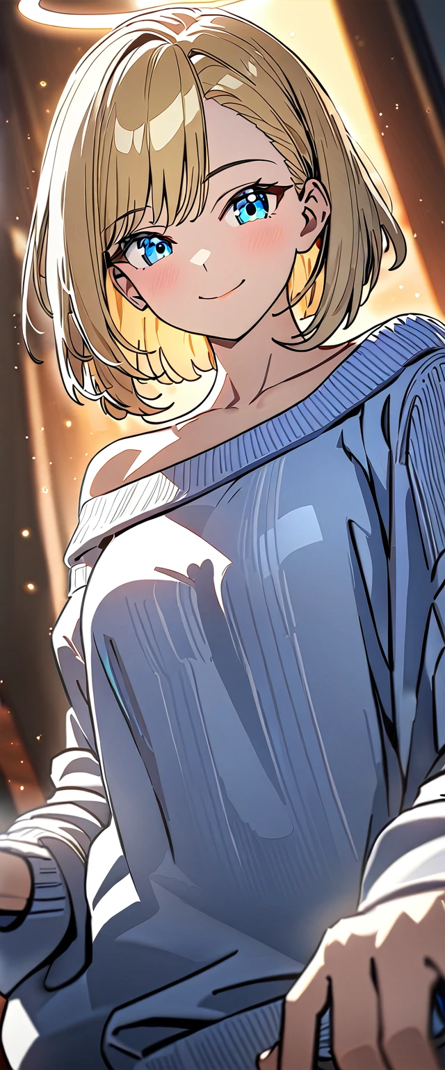 (((One girl))), blond hair, bob cut, (cowboy shot), (looking at viewer), ((Light dark blue sweater:1.3、Quite thick shoulder straps、Roll up your sleeves and stick your arms out)), face in focus, teenager, head tilt:1.3, (((blue eye))), ((happy smile)), ((blush)), contrapposto, one hand on hip, black panties, anime style, (best quality, 4k, 8k, highres, masterpiece:1.2, ultra-detailed, ultra-detailed eyes, HDR, UHD, studio lighting, ultra-fine painting, sharp focus, physically-based rendering, extreme detail description, professional, vivid colors, bokeh)