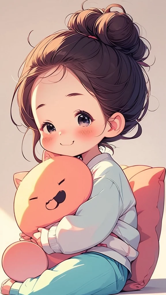 best of japanese art - kawaii - girl | anime character, 1girl, solo, one eye closed, smile, pillow, hair bun, white background, looking at viewer, blush, simple background