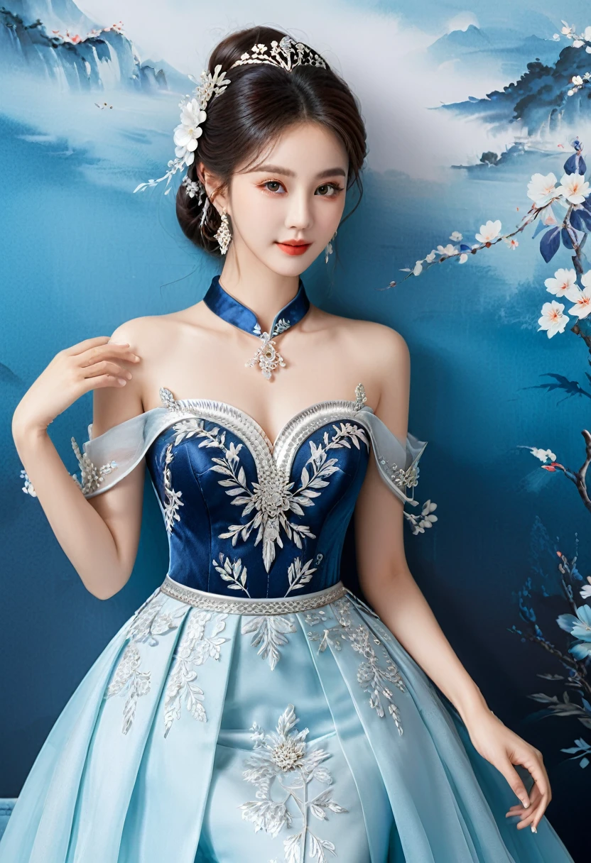 Realistic photo style, whole body 사진에 아름다운 아시아 소녀가 등장합니다., Wearing a unique ethnic style evening gown with delicate skin., bright and lively eyes, Thick eyelashes that look especially attractive. Long dresses are slim and elegant., Eye-catching silver jewelry and alcohol. The high-collar design adds an elegant atmosphere., Color of blue and white porcelain. using light and shadow, The vivid and harmonious appearance of the protagonist is highlighted... whole body, (masterpiece, best quality, professional, perfect composition, very aesthetic, absurd, very detailed, intricate details:1.3)