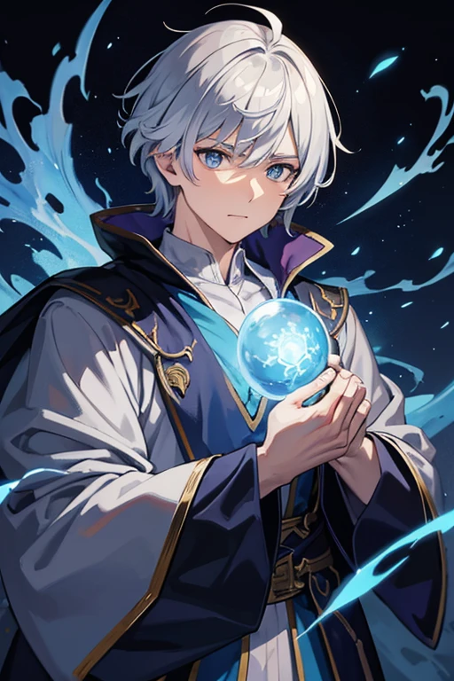 masterpiece, Highest quality, High resolution，Anime Style、Anatomically correct、Silver Hair、Short Hair、male、Wizard、Robe、magic、Blue flames fly around、Summoned beast on shoulder、With an ancient castle in the background、Upper body only