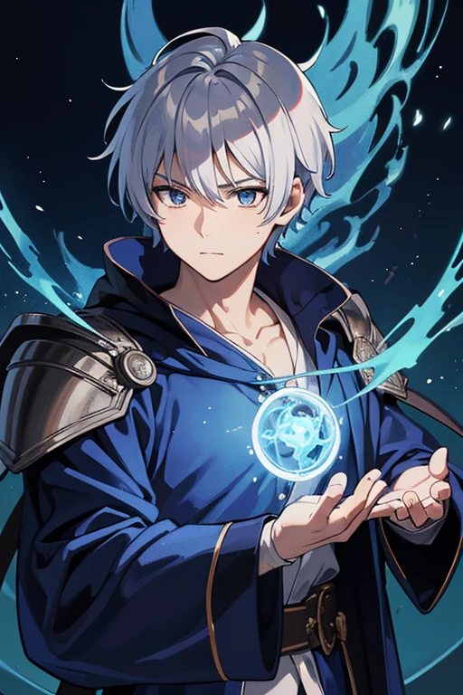 masterpiece, Highest quality, High resolution，Anime Style、Anatomically correct、Silver Hair、Short Hair、male、Wizard、Robe、magic、Blue flames fly around、Summoned beast on shoulder、With an ancient castle in the background、Upper body only