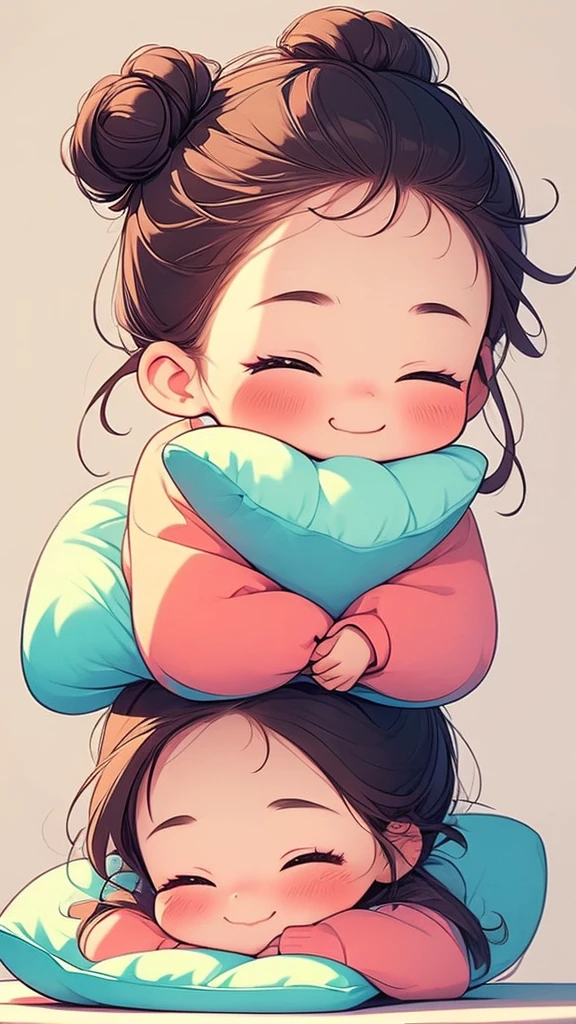 a drawing of a  girl with a pillow up to her nose, 1girl, solo, one eye closed, smile, pillow, hair bun, white background, looking at viewer, blush, simple background