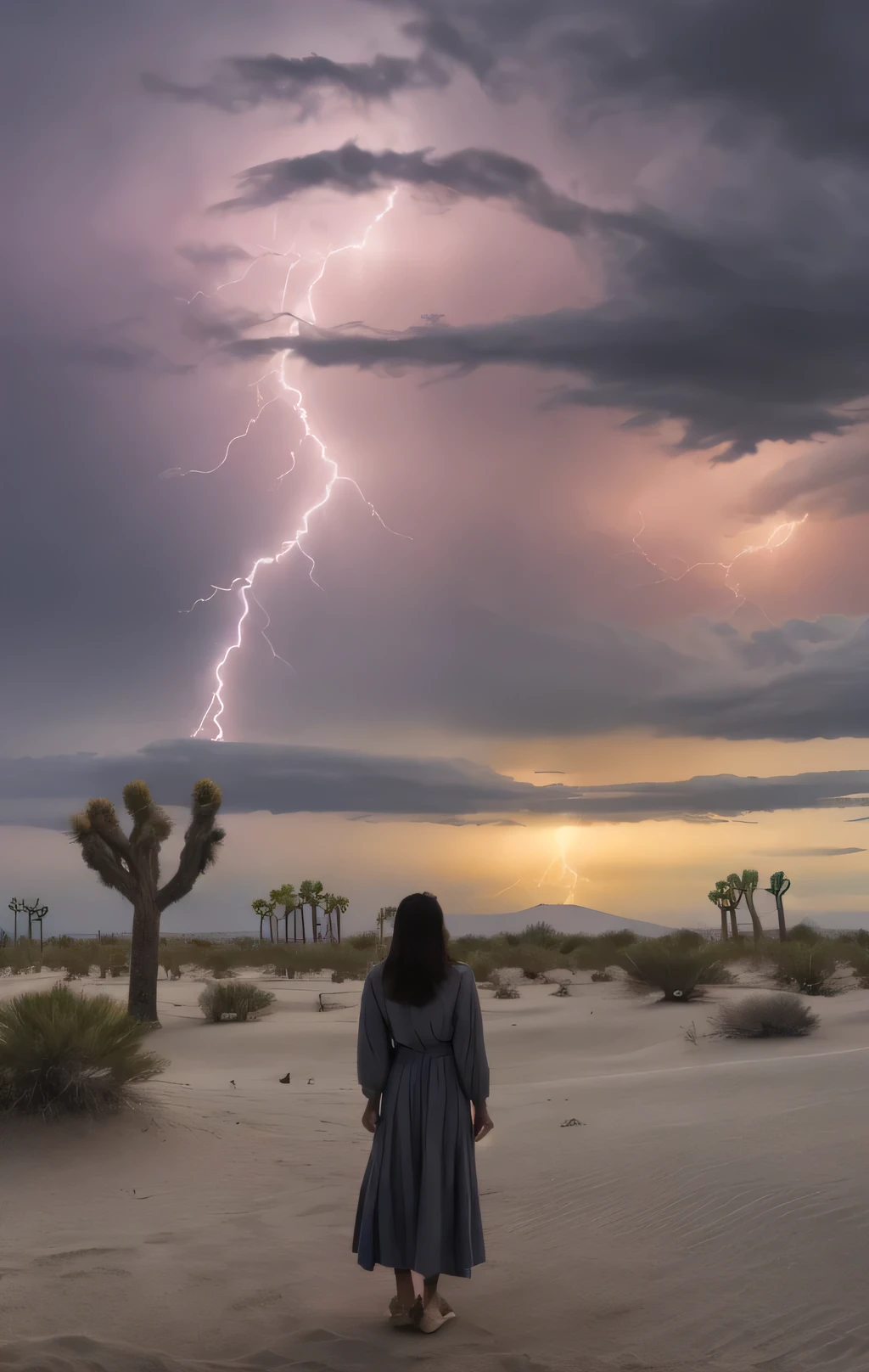 27 yo tall Mexican woman standing in white sands NM at dusk, flowering Yuccas, Joshua trees, colorful pink yellow and orange thunderclouds full of lightning in the far distant sky