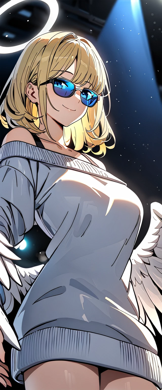 ((angel, big big white wings:1.3, halo:1.3)), ((from below)), (((sunglasses, hand to sunglasses))), (((cowboy shot))), archangel Uriel, ((wavy hair, inward curled hair)), evening, Sunset, ((blond hair, bob cut:1.3)), breasts, teenager, (looking at viewer), oversized clothes, puffy long sleeves, ((off-shoulder sweater:1.3, Quite thick shoulder straps)), ((white sweater)), collarbone, head tilt:1.3, (((blue eyes))), ((happy smile)), (((anime style))), (best quality, 4K, 8K, highres, masterpiece:1.2, ultra-detailed, ultra-detailed eyes, HDR, uhd, studio lighting, ultra-fine painting, sharp focus, physically-based rendering, extreme detail description, professional, vivid colors, bokeh)