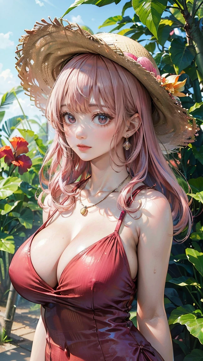 (Masterpiece, BestQuality:1.3), (ultra detailed:1.2), (hyperrealistic:1.3), (RAW photo:1.2), High detail RAW color photo, professional photograph, (Photorealistic:1.4), (realistic:1.4), (Pink Hair:1.5), professional lighting, perfect anatomy, (Big Breasts:1.2), (blush, detailed face), (cheerful Smile:1.5), Trending Hair&Trending Hairカラーをランダムに, earrings, necklace, bracelet, sexly, erotic sexly, Random sexy gravure poses, (Beautiful woman in a red summer dress、straw hat、Tropical garden background、Smile happily。: 1.3)