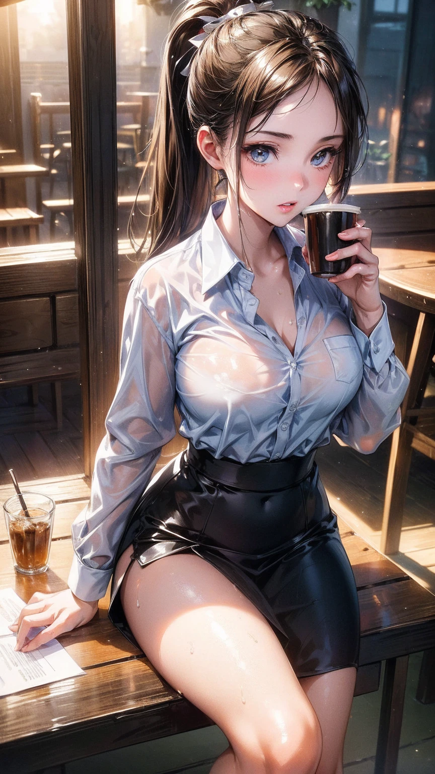 (perspective) A beautiful sexy brunette woman,The perfect 23 year old secretary,Straight Hair,Ponytail,Oily and silky white skin (Wet) Fleshy lips, (photoPractical:photoPractical, 8K Masterpiece), Big in tight white shirt (Highlight the chest), Sitting at a restaurant table,Cup of coffee in hand (hyperPractical: Practical, Complex environment details), With sexy features on the face: (Texture and environment professional photography pure perfect lighting).