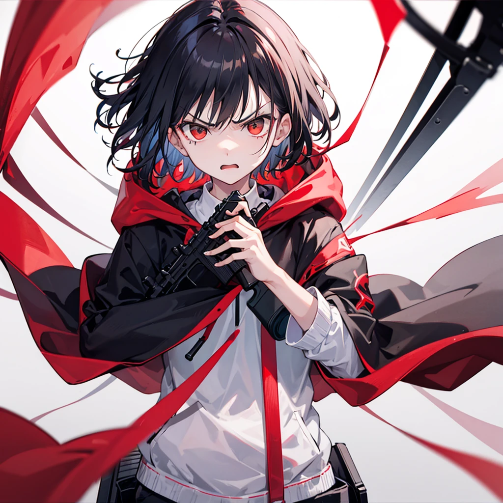 (masterpiece,Best quality,Anime style,Sense of atmosphere,CG Rendering,4K,Ray Tracing,religion)(Black hair,short hair,Red cross pupil,Cold Eyes,Black belted hooded robe with red stripes,Black and red sword,Dark Wind)(Solo)(Simple background)
